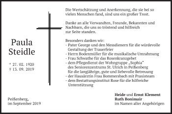 Todesanzeige von Paula Steidle von merkurtz