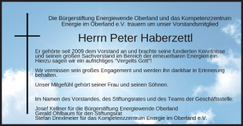 Todesanzeige von Peter Haberzettl von merkurtz