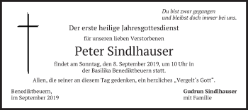 Todesanzeige von Peter Sindlhauser von merkurtz