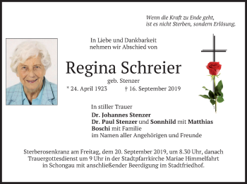 Todesanzeige von Regina Schreier von merkurtz