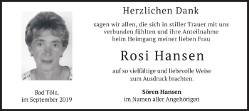 Todesanzeige von Rosi Hansen von merkurtz