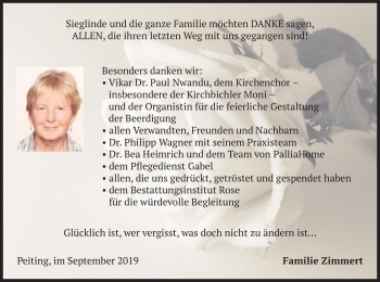 Todesanzeige von Sieglinde Zimmert von merkurtz