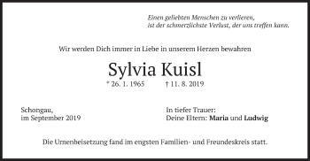 Todesanzeige von Sylvia Kuisl von merkurtz