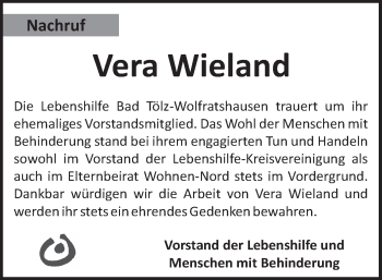 Todesanzeige von Vera Wieland von merkurtz