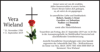 Todesanzeige von Vera Wieland von merkurtz