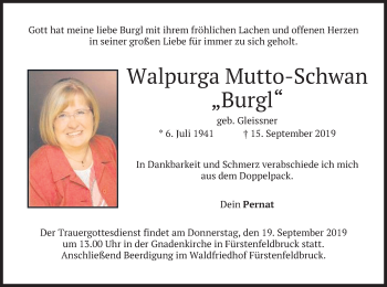 Todesanzeige von Walpurga Mutto-Schwan von merkurtz