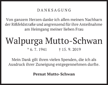 Todesanzeige von Walpurga Mutto-Schwan von merkurtz