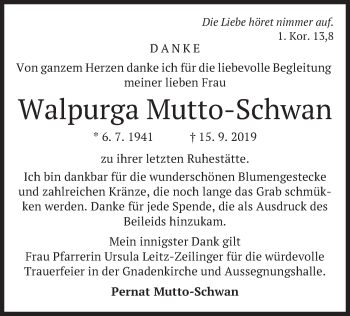 Todesanzeige von Walpurga Mutto-Schwan von merkurtz