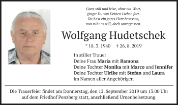 Todesanzeige von Wolfgang Hudetschek von merkurtz