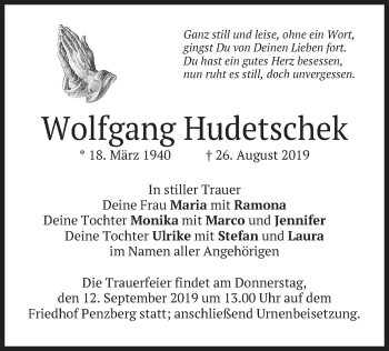 Todesanzeige von Wolfgang Hudetschek von merkurtz