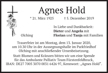 Todesanzeige von Agnes Hold von merkurtz