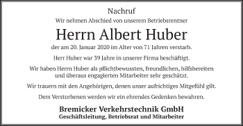 Todesanzeige von Albert Huber von merkurtz