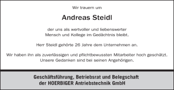 Todesanzeige von Andreas Steidl von merkurtz