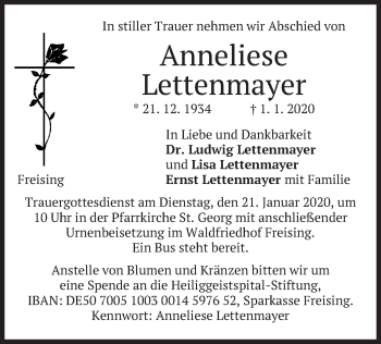 Todesanzeige von Anneliese Lettenmayer von merkurtz