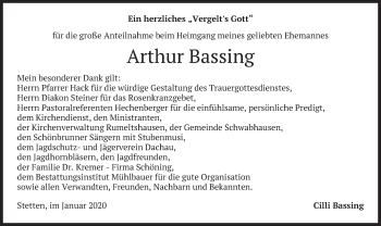 Todesanzeige von Arthur Bassing von merkurtz