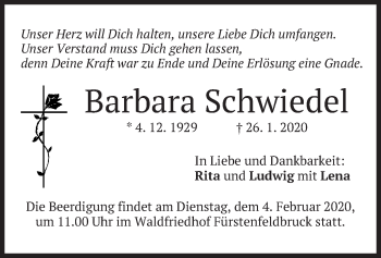 Todesanzeige von Barbara Schwiedel von merkurtz