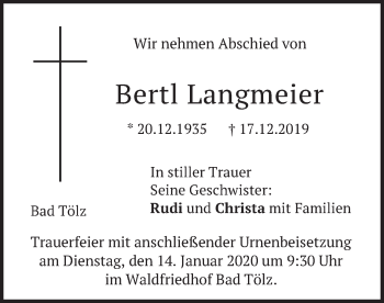 Todesanzeige von Bertl Langmeier von merkurtz
