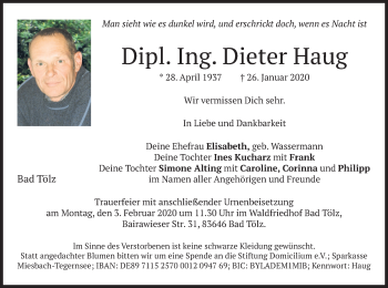 Todesanzeige von Dieter Haug von merkurtz
