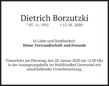 Todesanzeige von Dietrich Borzutzki von merkurtz