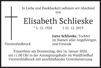 Todesanzeige von Elisabeth Schlieske von merkurtz