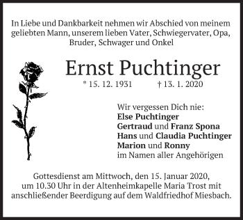 Todesanzeige von Ernst Puchtinger von merkurtz