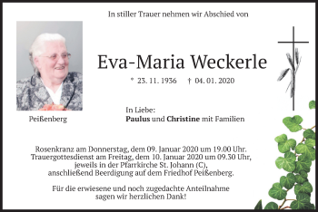 Todesanzeige von Eva-Maria Weckerle von merkurtz