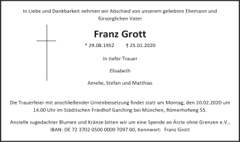 Todesanzeige von Franz Grott von merkurtz