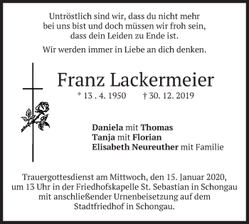 Todesanzeige von Franz Lackermeier von merkurtz