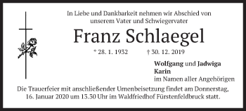 Todesanzeige von Franz Schlaegel von merkurtz