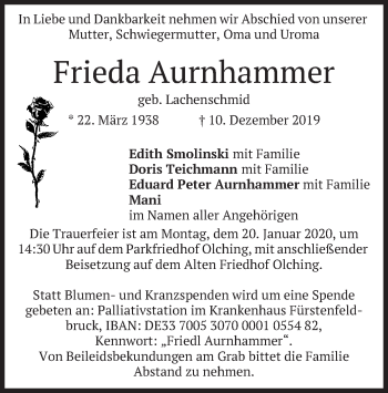 Todesanzeige von Frieda Aurnhammer von merkurtz