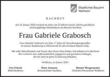 Todesanzeige von Gabriele Grabosch von merkurtz