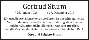 Todesanzeige von Gertrud Sturm von merkurtz