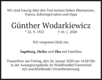 Todesanzeige von Günther Wodarkiewicz von merkurtz