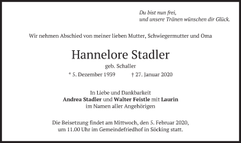 Todesanzeige von Hannelore Stadler von merkurtz