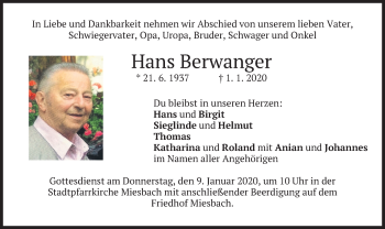 Todesanzeige von Hans Berwanger von merkurtz