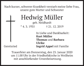 Todesanzeige von Hedwig Müller von merkurtz
