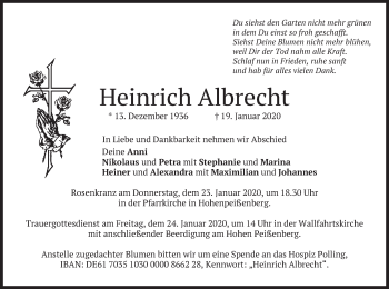 Todesanzeige von Heinrich Albrecht von merkurtz