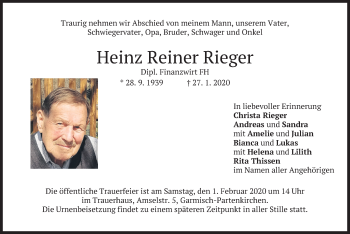 Todesanzeige von Heinz Reiner Rieger von merkurtz