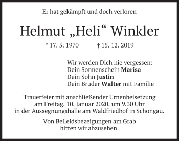 Todesanzeige von Helmut Heli Winkler von merkurtz