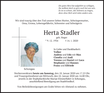 Todesanzeige von Herta Stadler von merkurtz