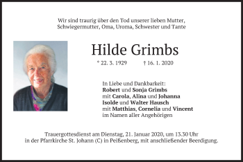 Todesanzeige von Hilde Grimbs von merkurtz