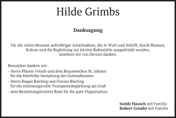 Todesanzeige von Hilde Grimbs von merkurtz