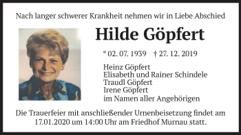 Todesanzeige von Hilde Göpfert von merkurtz