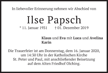 Todesanzeige von Ilse Papsch von merkurtz