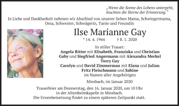 Todesanzeige von Ilse Marianne Gay von merkurtz