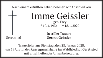 Todesanzeige von Imme Geissler von merkurtz