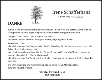 Todesanzeige von Irene Schafferhans von merkurtz