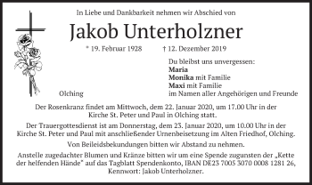 Todesanzeige von Jakob Unterholzner von merkurtz