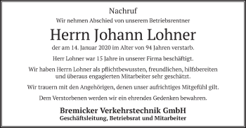 Todesanzeige von Johann Lohner von merkurtz