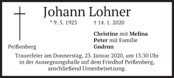 Todesanzeige von Johann Lohner von merkurtz